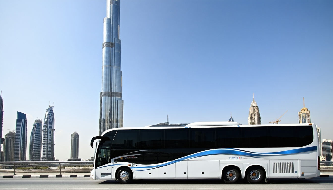 Luxury city tour bus passing Burj Khalifa in Dubai
