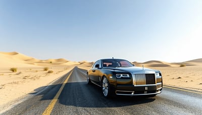 Luxury vehicle on a scenic UAE desert road Luxury vehicle on a scenic UAE desert road